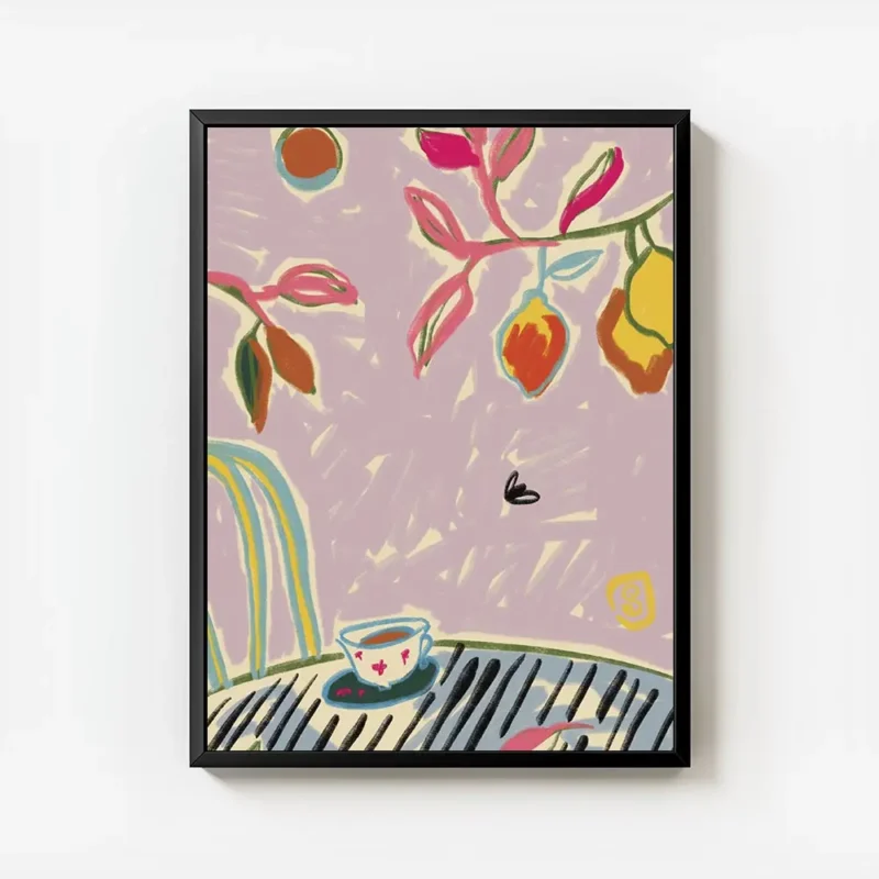 affiche coloree avec tasse de cafe sur une table feuillage vert et rose et fruit avec cadre.webp