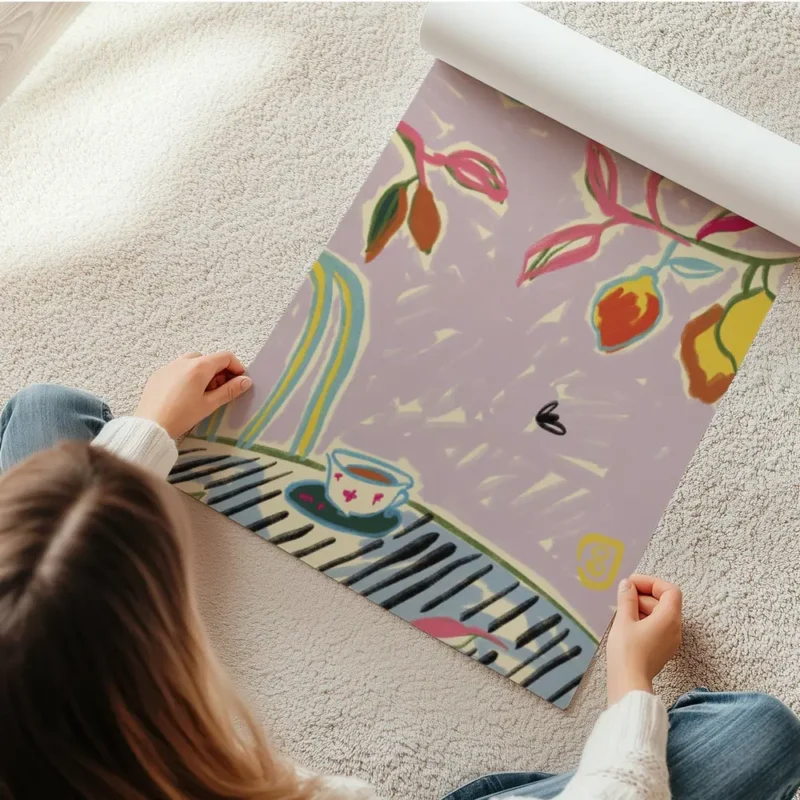 affiche coloree avec tasse de cafe sur une table feuillage vert et rose et fruit en rouleau.webp