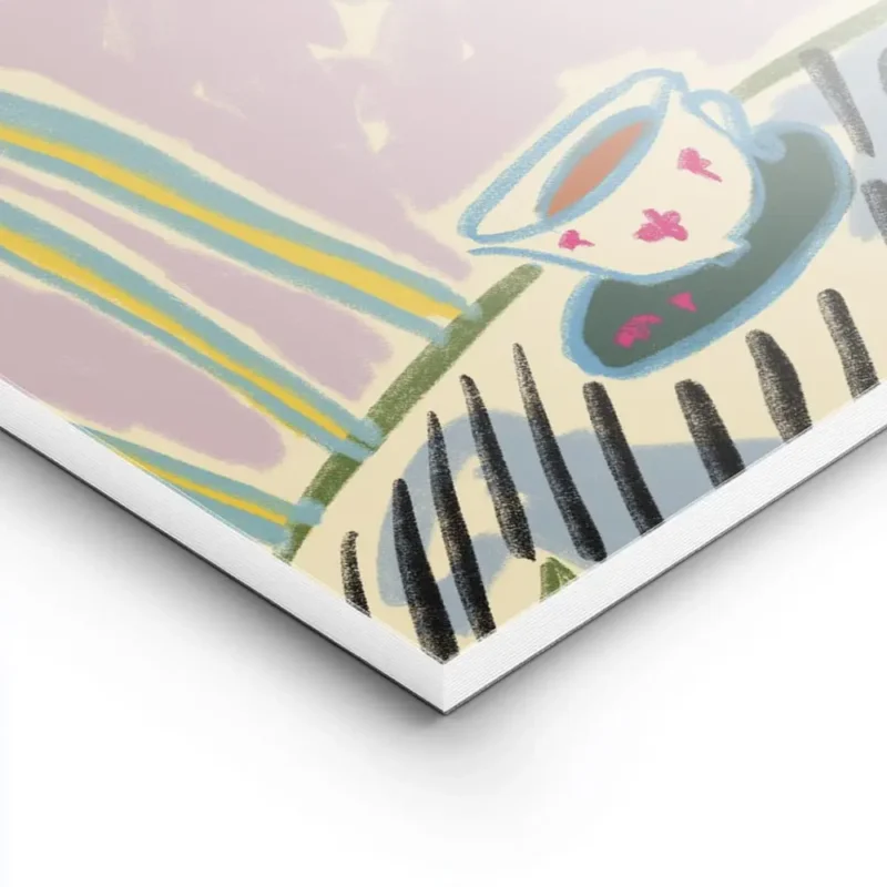 affiche coloree avec tasse de cafe sur une table feuillage vert et rose et fruit lightpanel.webp