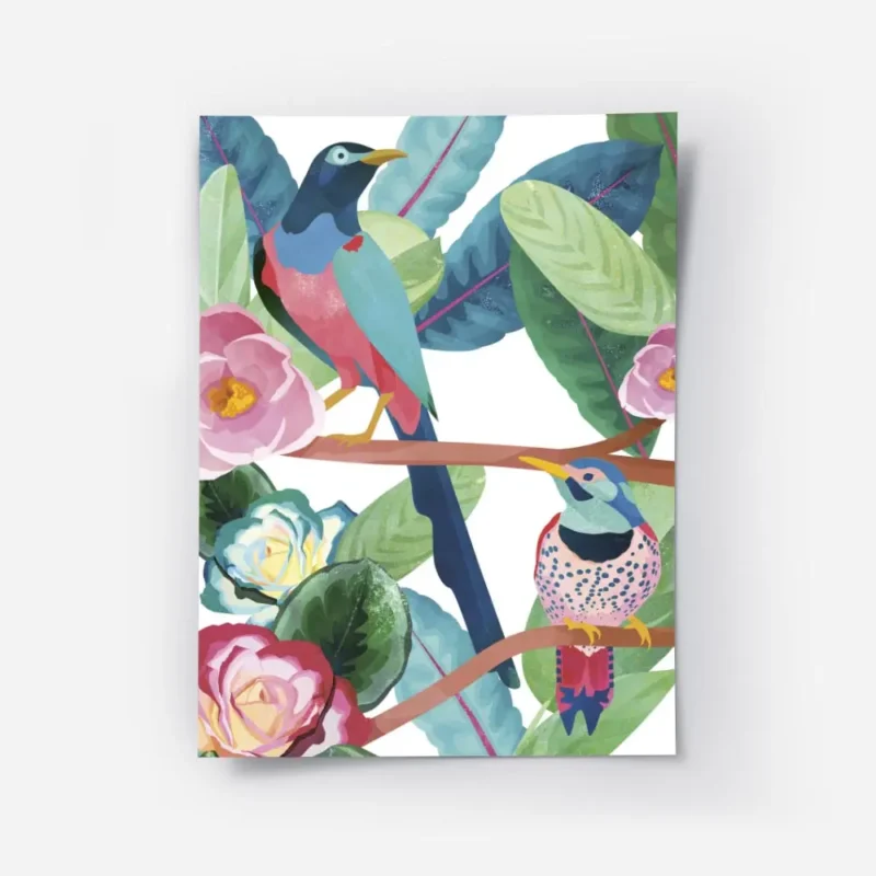 affiche coloree de deux oiseaux tropicaux dans une jungle luxuriante avec des pl.webp