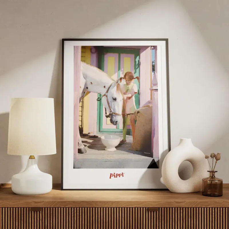 affiche coloree de fifi brindacier avec un cheval blanc devant une maison multic meuble.webp