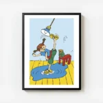 affiche coloree de fifi brindacier nettoyant le sol avec une brosse a recurer le avec cadre.webp