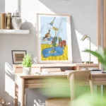 affiche coloree de fifi brindacier nettoyant le sol avec une brosse a recurer le bureau.webp