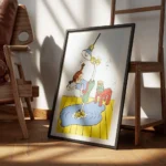 affiche coloree de fifi brindacier nettoyant le sol avec une brosse a recurer le encadre.webp