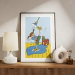 affiche coloree de fifi brindacier nettoyant le sol avec une brosse a recurer le meuble.webp