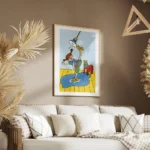 affiche coloree de fifi brindacier nettoyant le sol avec une brosse a recurer le salon.webp