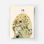 affiche coloree de la poire femme en robe florale verte et jaune fond beige clai.webp