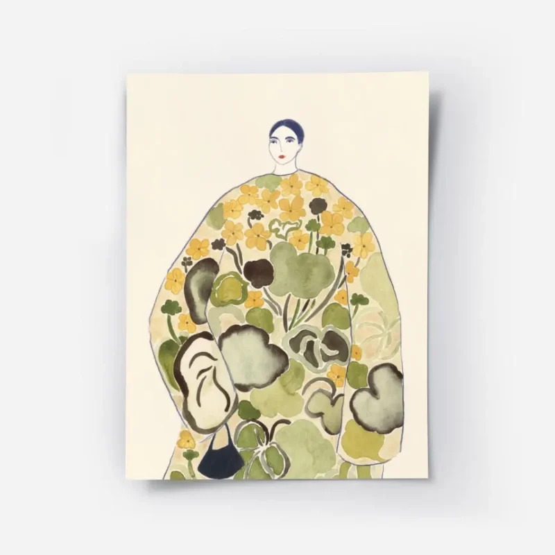 affiche coloree de la poire femme en robe florale verte et jaune fond beige clai.webp