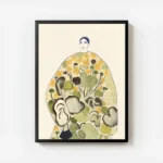 affiche coloree de la poire femme en robe florale verte et jaune fond beige clai avec cadre.webp