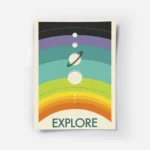 affiche coloree de planetes alignees sur un arc en ciel avec le mot explore en b.webp