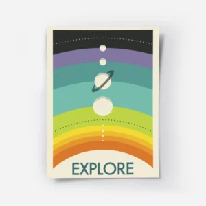 affiche coloree de planetes alignees sur un arc en ciel avec le mot explore en b.webp