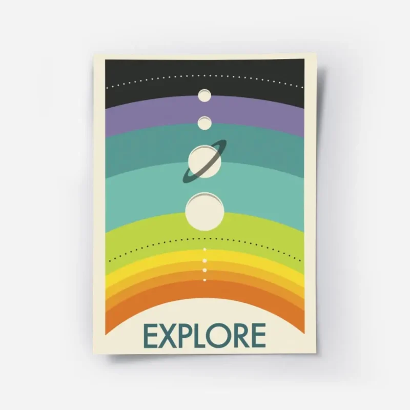 affiche coloree de planetes alignees sur un arc en ciel avec le mot explore en b.webp
