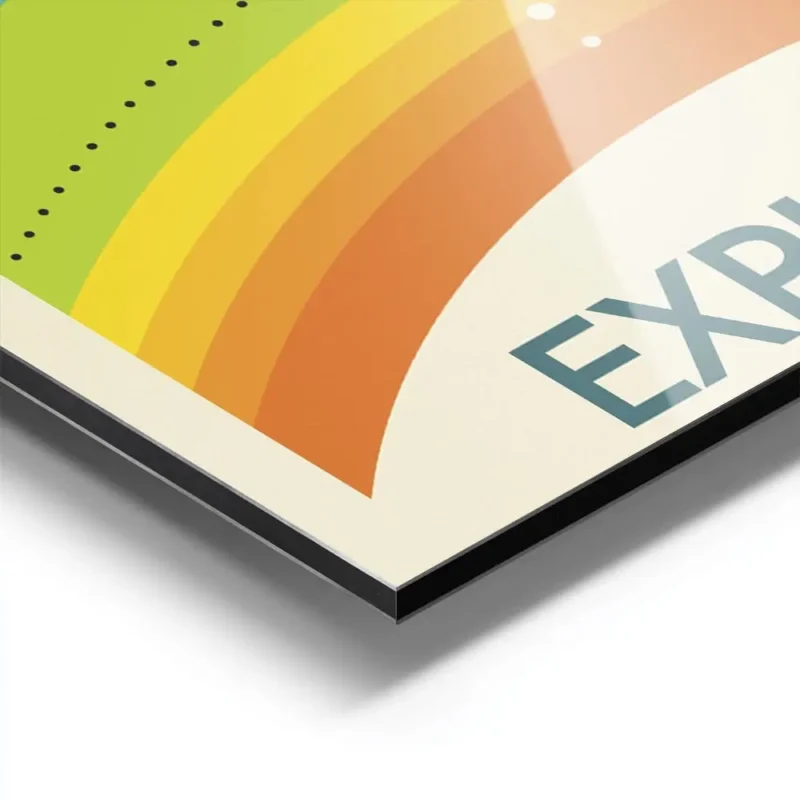 affiche coloree de planetes alignees sur un arc en ciel avec le mot explore en b aluminium.webp