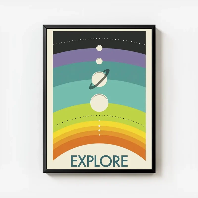 affiche coloree de planetes alignees sur un arc en ciel avec le mot explore en b avec cadre.webp