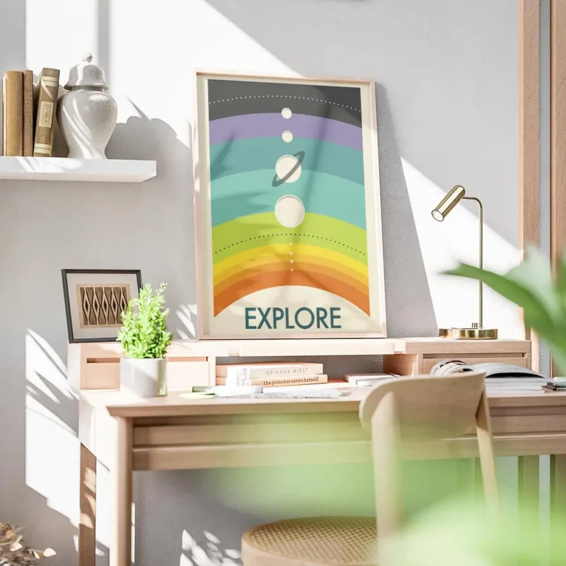 affiche coloree de planetes alignees sur un arc en ciel avec le mot explore en b bureau.webp