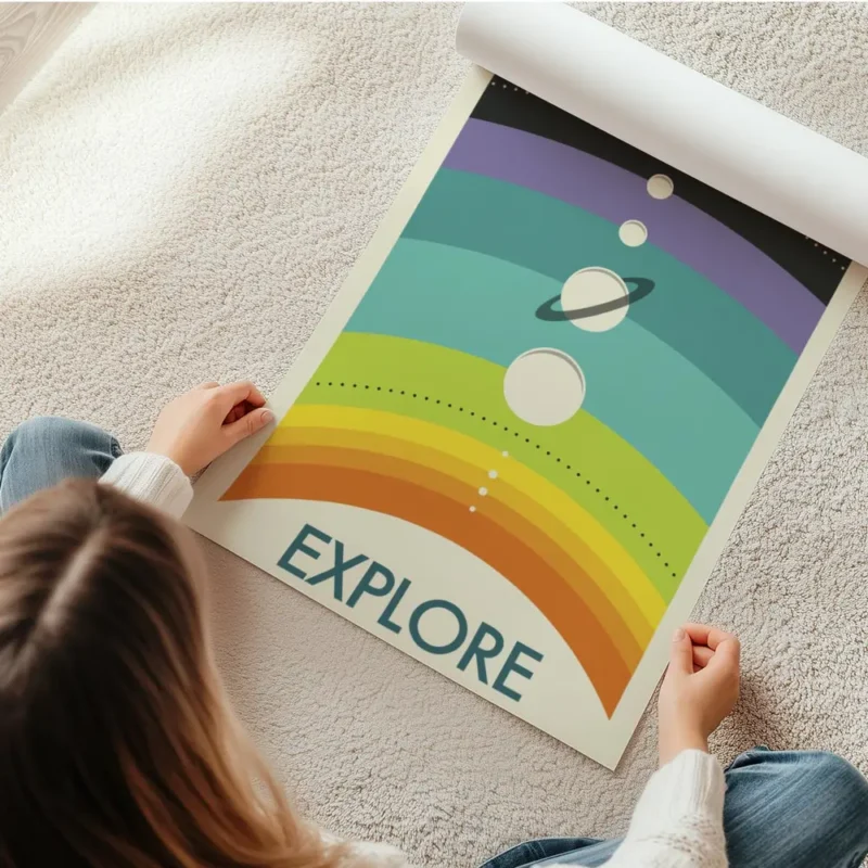 affiche coloree de planetes alignees sur un arc en ciel avec le mot explore en b en rouleau.webp