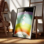 affiche coloree de planetes alignees sur un arc en ciel avec le mot explore en b encadre.webp