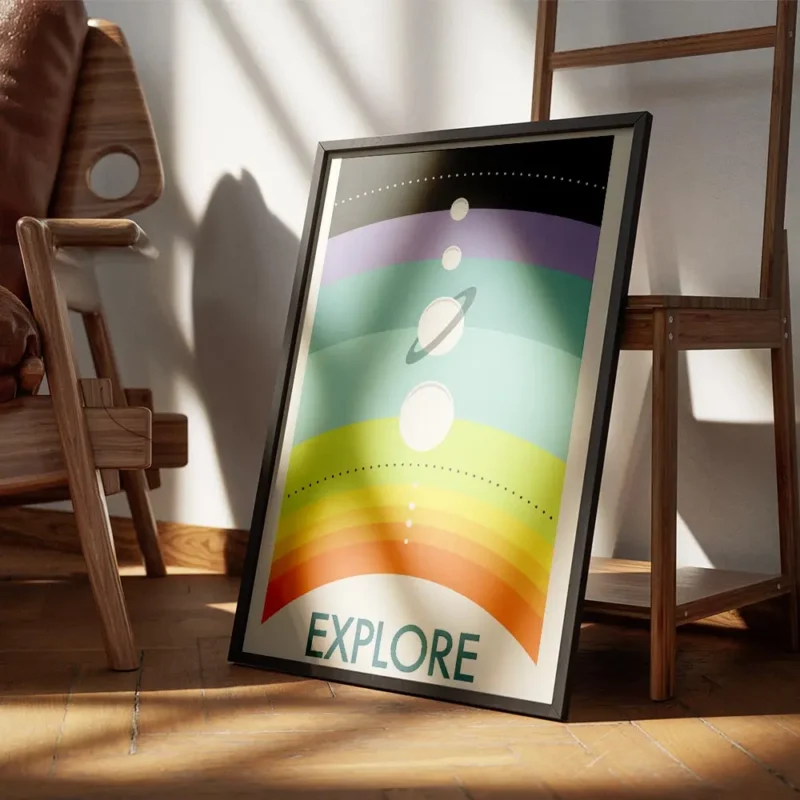 affiche coloree de planetes alignees sur un arc en ciel avec le mot explore en b encadre.webp