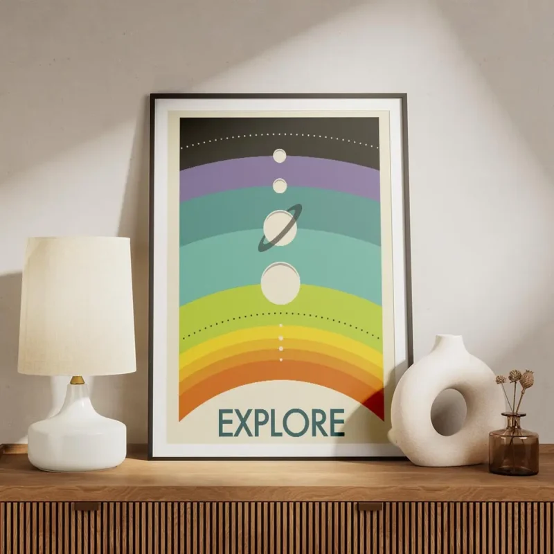affiche coloree de planetes alignees sur un arc en ciel avec le mot explore en b meuble.webp
