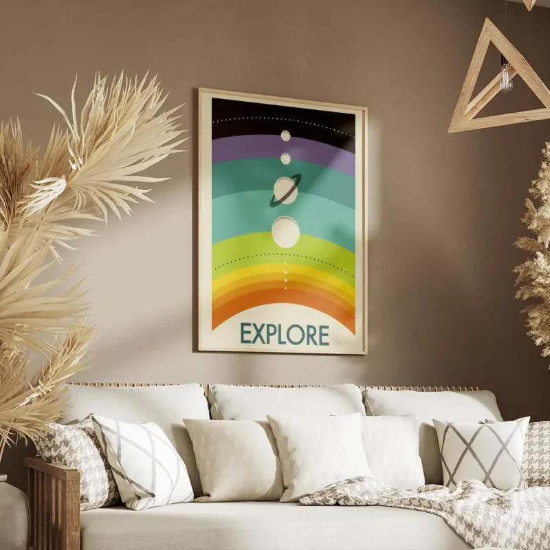affiche coloree de planetes alignees sur un arc en ciel avec le mot explore en b salon.webp