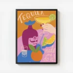 affiche coloree de tequila avec une bouteille un verre a margarita des agrumes e avec cadre.webp