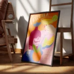 affiche coloree de tequila avec une bouteille un verre a margarita des agrumes e encadre.webp