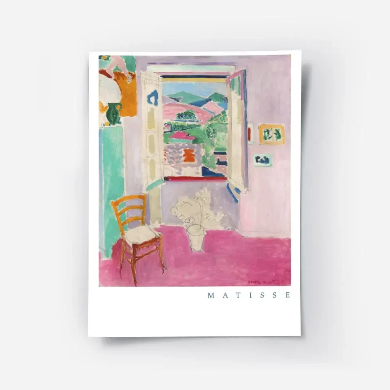 affiche coloree dhenri matisse fenetre ouverte sur un paysage avec une chaise et.webp