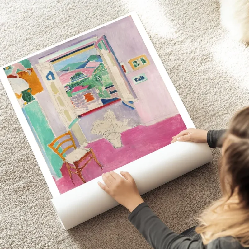 affiche coloree dhenri matisse fenetre ouverte sur un paysage avec une chaise et au sol.webp