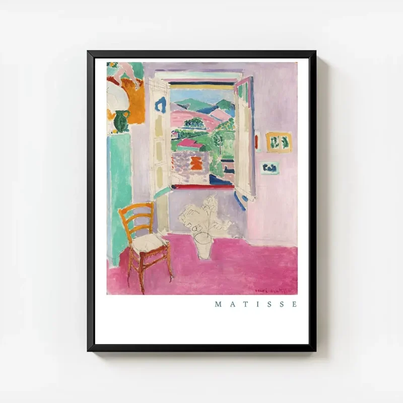 affiche coloree dhenri matisse fenetre ouverte sur un paysage avec une chaise et avec cadre.webp