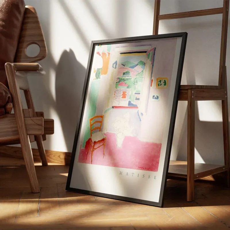 affiche coloree dhenri matisse fenetre ouverte sur un paysage avec une chaise et encadre.webp