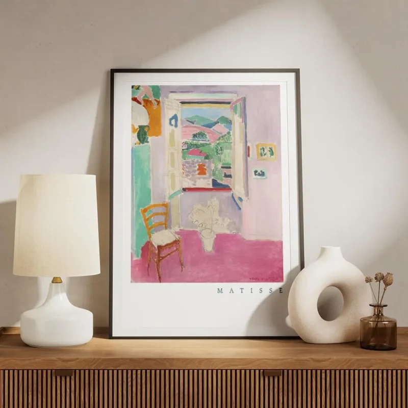 affiche coloree dhenri matisse fenetre ouverte sur un paysage avec une chaise et meuble.webp