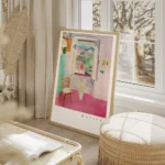 affiche coloree dhenri matisse fenetre ouverte sur un paysage avec une chaise et salon beige.webp