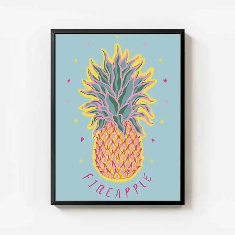 affiche coloree dun ananas stylise avec des etoiles sur fond bleu typographie fi avec cadre.webp