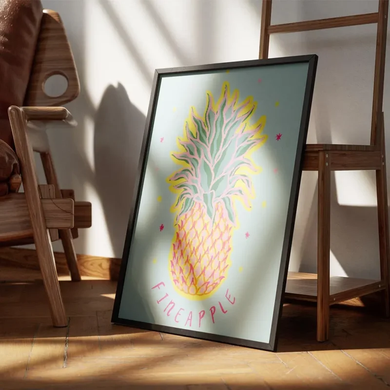 affiche coloree dun ananas stylise avec des etoiles sur fond bleu typographie fi encadre.webp