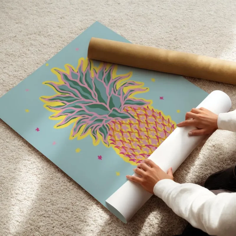 affiche coloree dun ananas stylise avec des etoiles sur fond bleu typographie fi enroule.webp