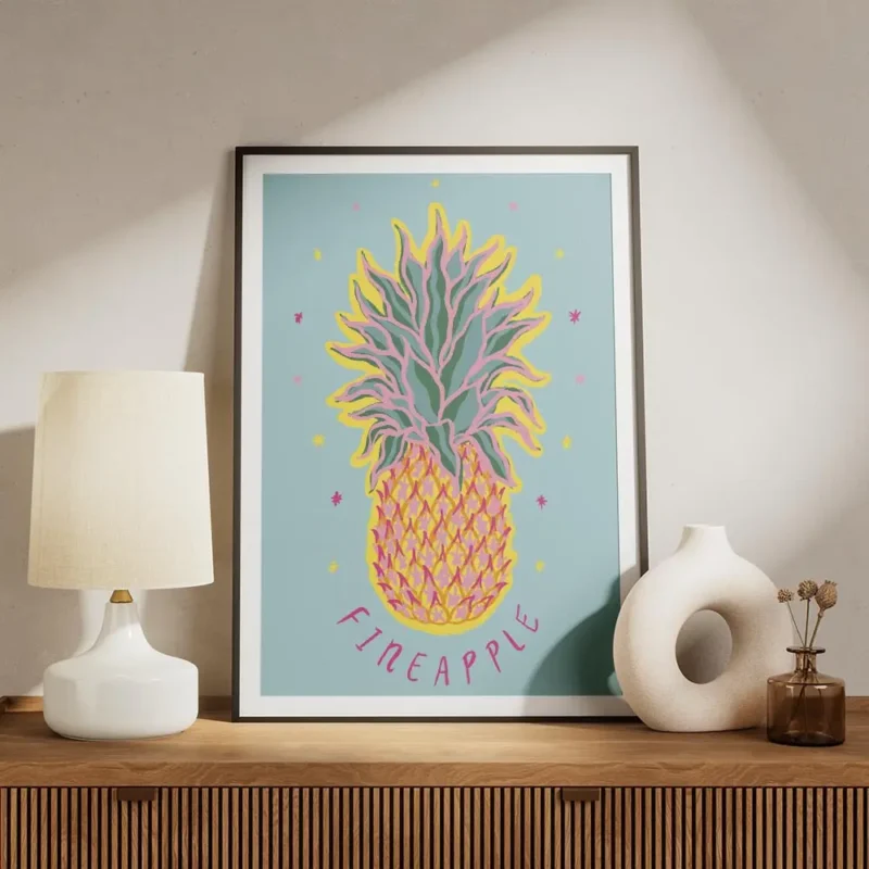 affiche coloree dun ananas stylise avec des etoiles sur fond bleu typographie fi meuble.webp