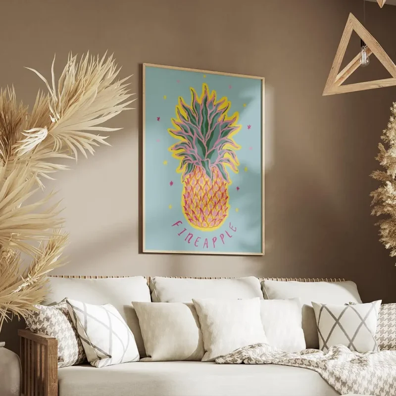 affiche coloree dun ananas stylise avec des etoiles sur fond bleu typographie fi salon.webp