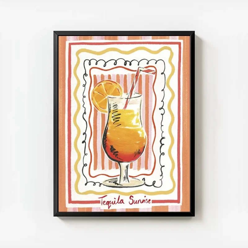 affiche coloree dun cocktail tequila sunrise avec degrade orange et jaune paille avec cadre.webp