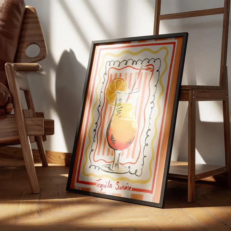 affiche coloree dun cocktail tequila sunrise avec degrade orange et jaune paille encadre.webp