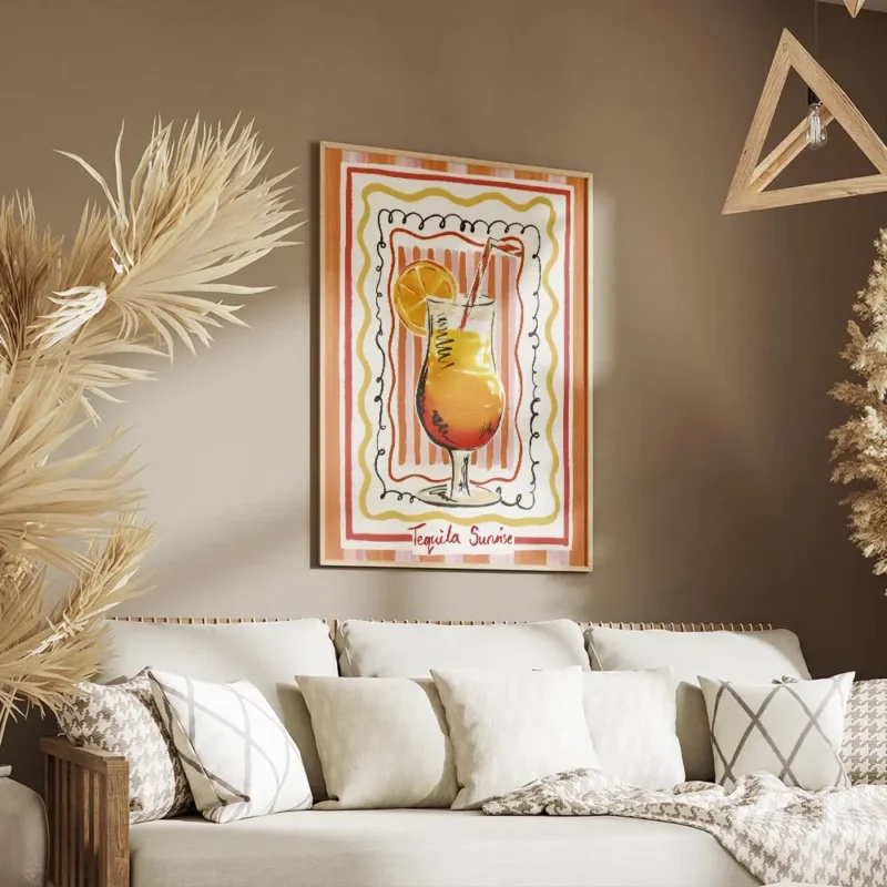 affiche coloree dun cocktail tequila sunrise avec degrade orange et jaune paille salon.webp