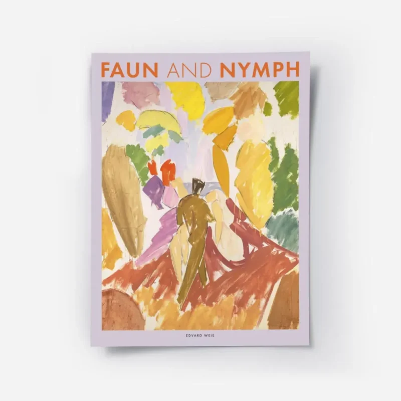affiche coloree dun faune et dune nymphe dans des tons vifs avec typographie fau.webp