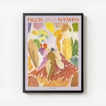 affiche coloree dun faune et dune nymphe dans des tons vifs avec typographie fau avec cadre.webp