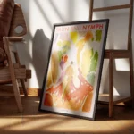 affiche coloree dun faune et dune nymphe dans des tons vifs avec typographie fau encadre.webp