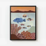 affiche coloree dun grand poisson bleu et de petits poissons multicolores nagean avec cadre.webp