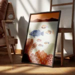 affiche coloree dun grand poisson bleu et de petits poissons multicolores nagean encadre.webp