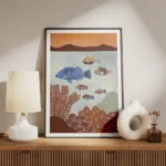 affiche coloree dun grand poisson bleu et de petits poissons multicolores nagean meuble.webp