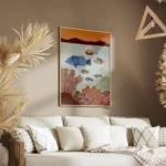 affiche coloree dun grand poisson bleu et de petits poissons multicolores nagean salon.webp