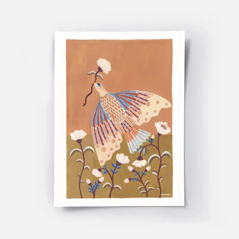 affiche coloree dun oiseau bleu et orange tenant une fleur entoure de fleurs bla.webp