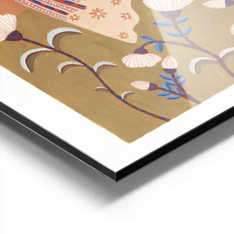 affiche coloree dun oiseau bleu et orange tenant une fleur entoure de fleurs bla aluminium.webp