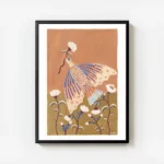 affiche coloree dun oiseau bleu et orange tenant une fleur entoure de fleurs bla avec cadre.webp